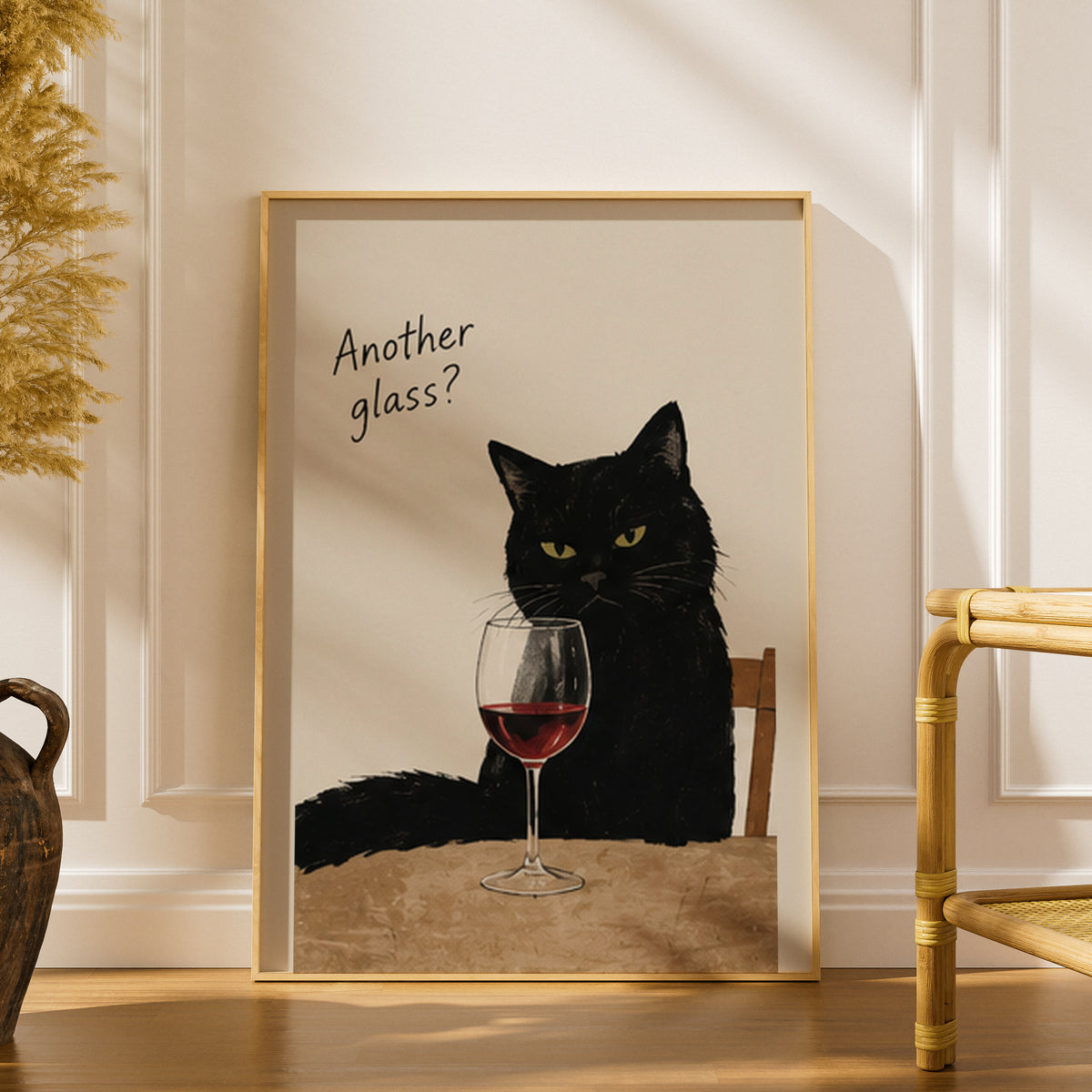 Black Cat Wine Poster, Funny Cat Wall Art, Another Glass Quote Art Print, Kitchen Bar Decor — styling mockup 1