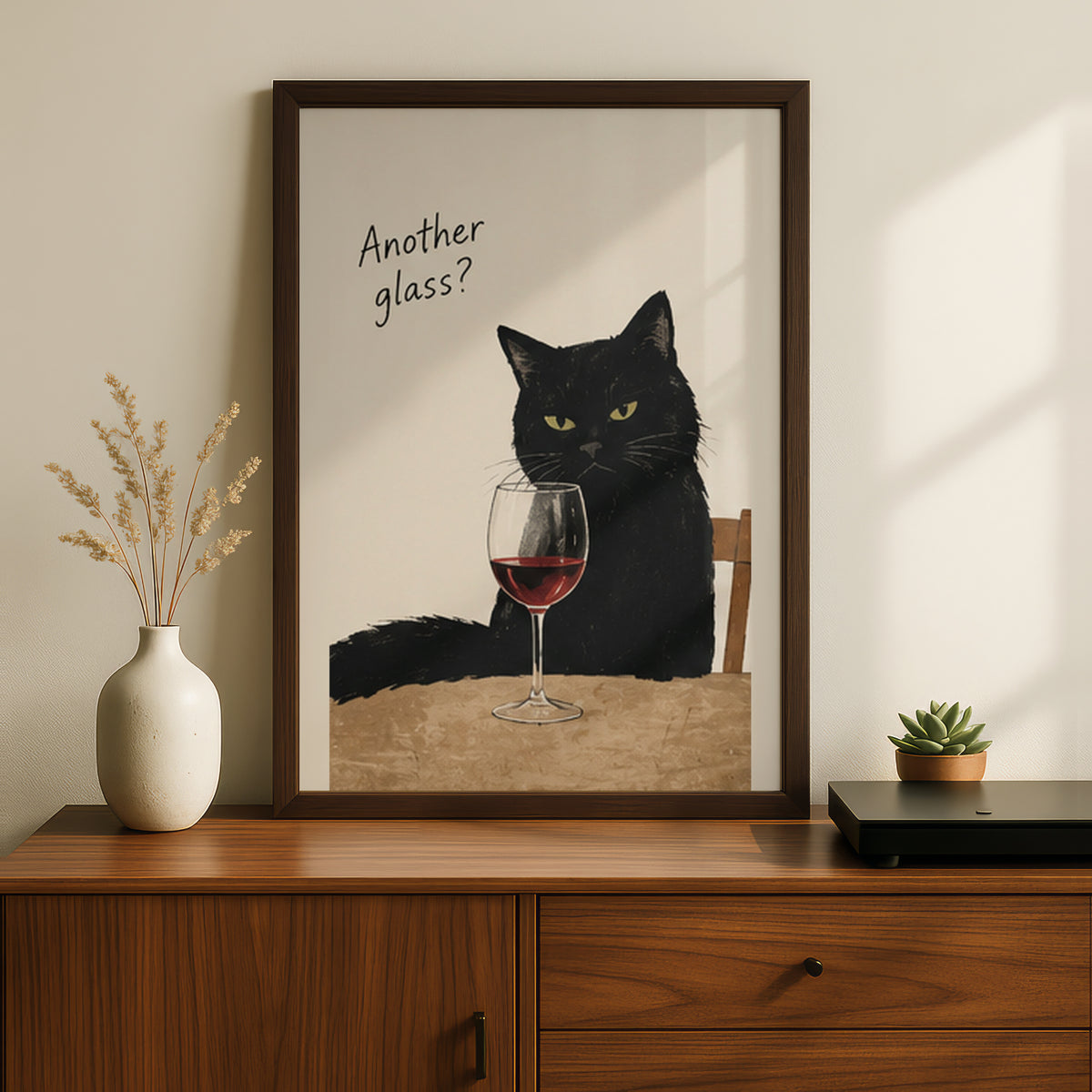 Black Cat Wine Poster, Funny Cat Wall Art, Another Glass Quote Art Print, Kitchen Bar Decor — styling mockup 2