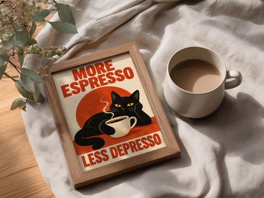 Black Cat Espresso Poster, Funny Coffee Wall Art, Retro Kitchen Art Print, Red Cream Typography — styling mockup 3