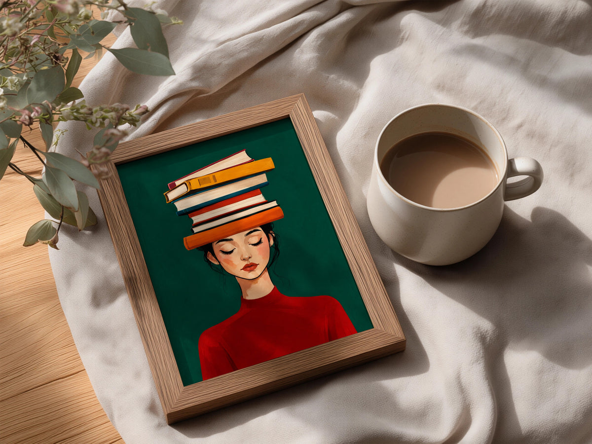 Woman Balancing Books on Head Poster, Bookish Wall Art Print, Green Red Illustration, Library Decor — styling mockup 3