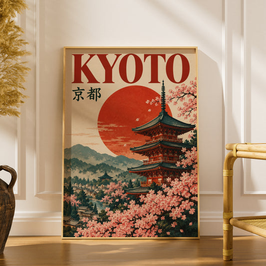 Kyoto Pagoda Poster, Japanese Wall Art, Cherry Blossom Print, Vintage Travel Poster, Red Sun Decor — styling mockup 1