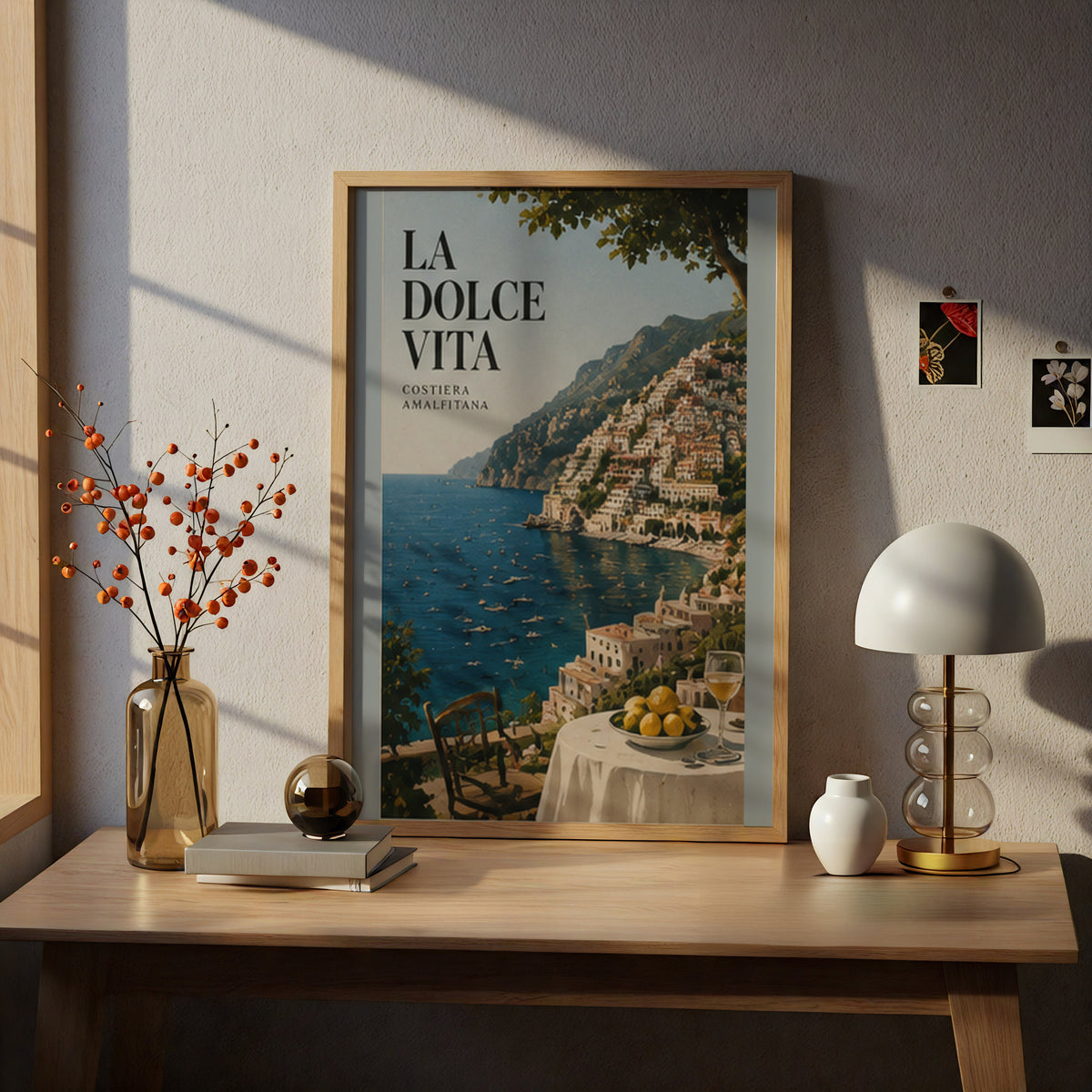 La Dolce Vita Amalfi Coast Poster, Italian Coastal Wall Art, Lemon Terrace Vintage Travel Print — styling mockup 5