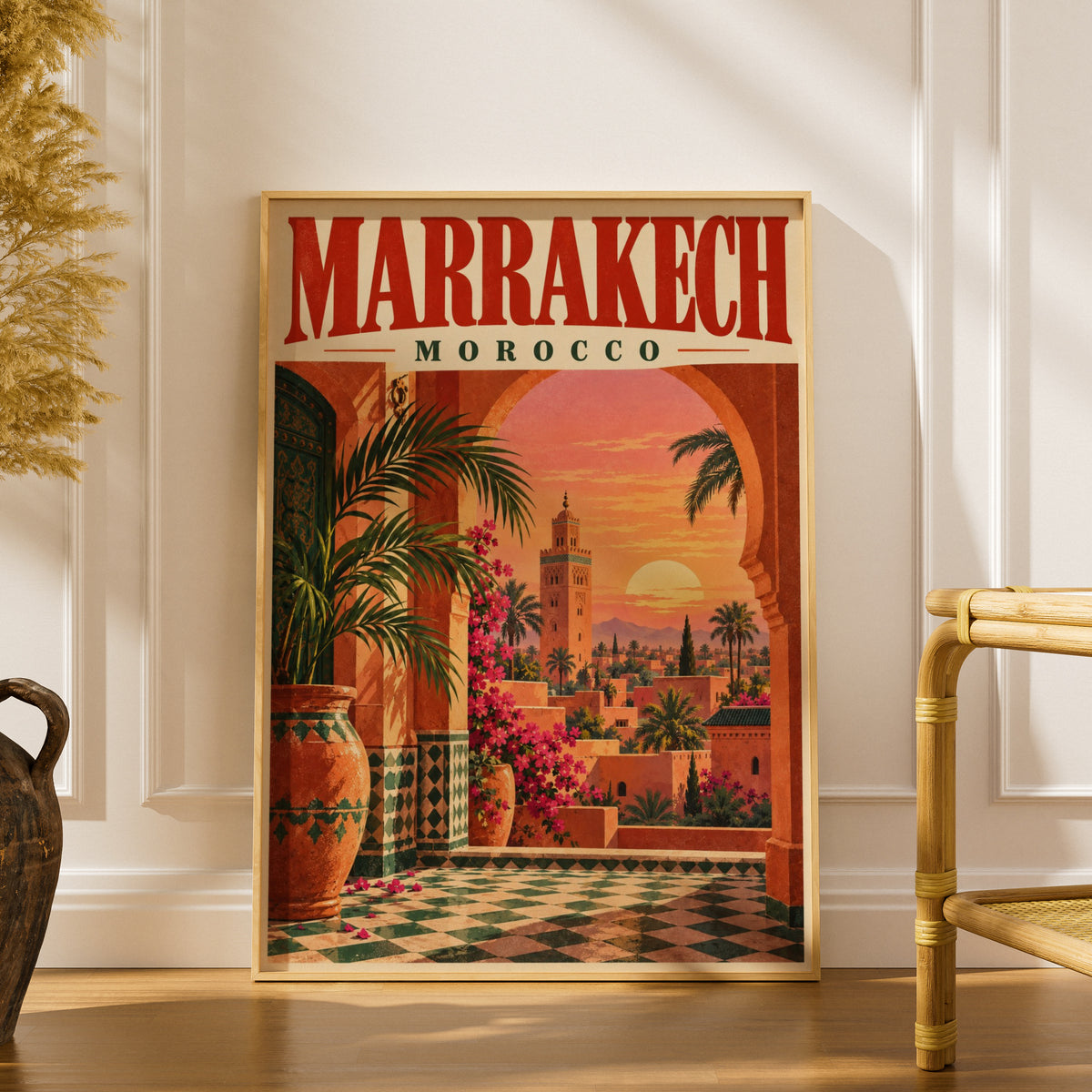 Marrakech Morocco Poster, Vintage Travel Wall Art, Sunset Minaret Art Print — styling mockup 1