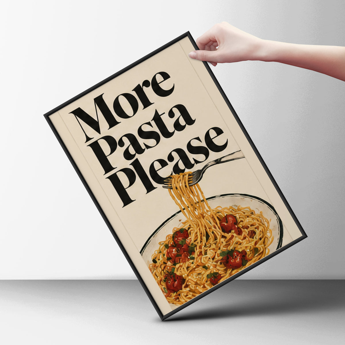 More Pasta Please Kitchen Poster, Vintage Italian Food Wall Art, Retro Spaghetti Art Print for — styling mockup 6