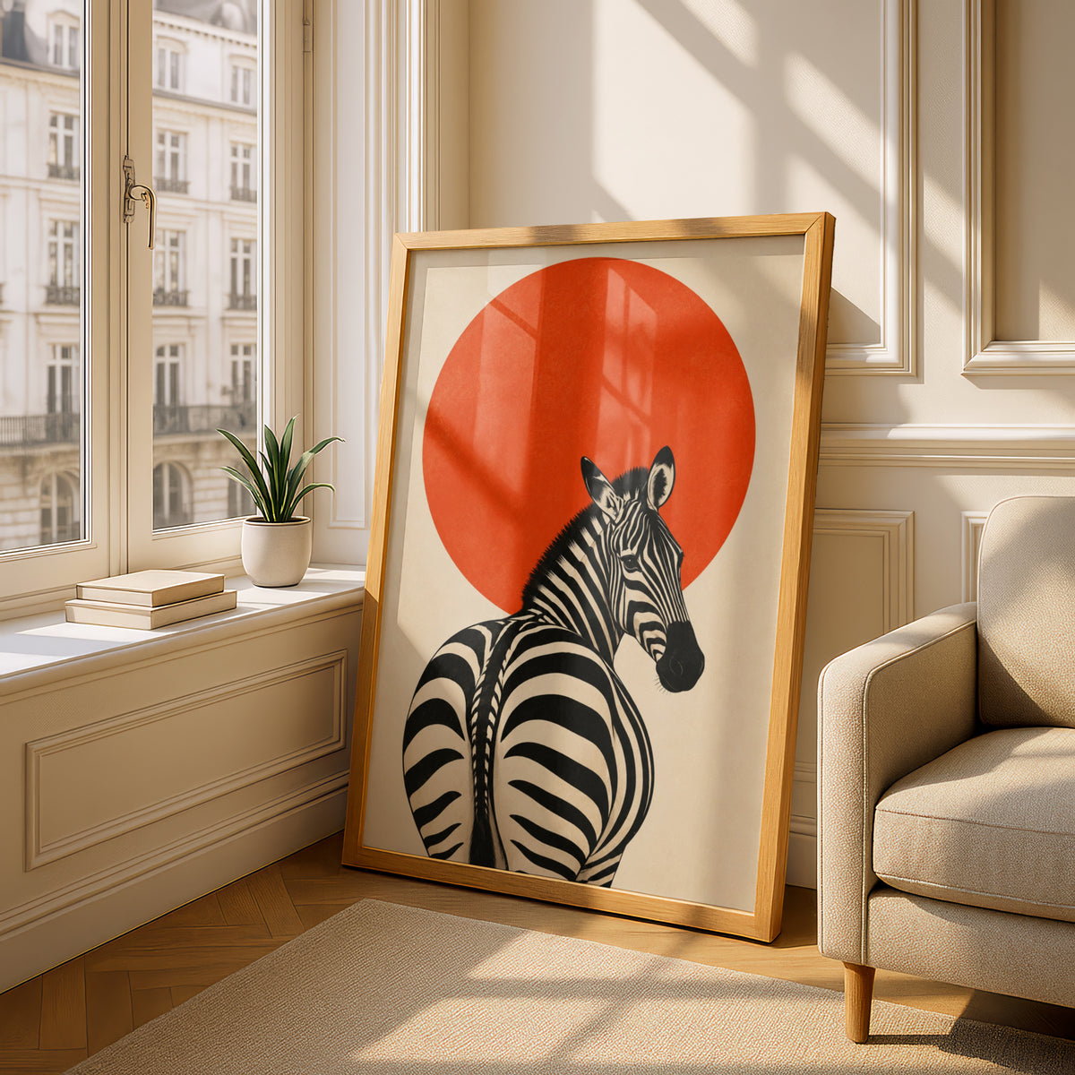Zebra Poster, Orange Sun Wall Art, Retro Japanese Style Animal Art Print, Black and Cream Decor — styling mockup 4