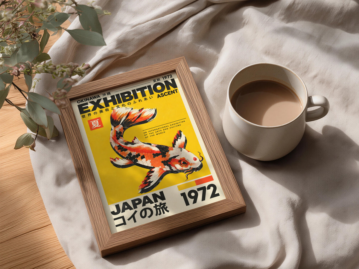Koi Fish Exhibition Poster, Vintage Japanese Wall Art, Retro Yellow Orange Print, Okinawa 1972 — styling mockup 3