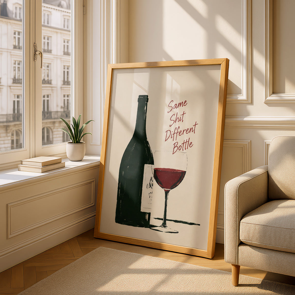 Funny Wine Poster, Red Wine Glass and Bottle Wall Art, Kitchen Bar Print, Humorous Quote Art Print — styling mockup 4