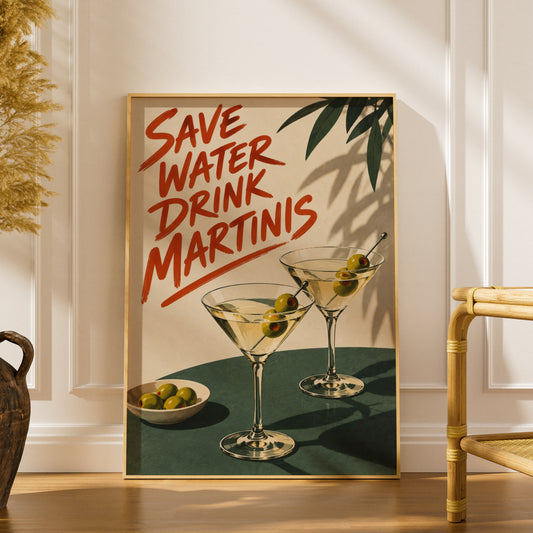 Save Water Drink Martinis Poster, Retro Cocktail Wall Art Print, Olive Green Bar Cart Kitchen Decor — styling mockup 1