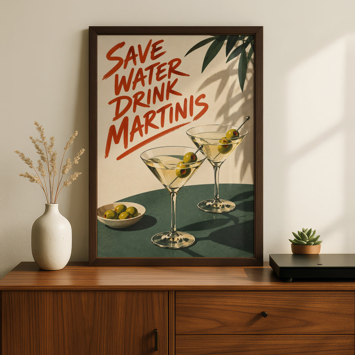 Save Water Drink Martinis Poster, Retro Cocktail Wall Art Print, Olive Green Bar Cart Kitchen Decor — styling mockup 2