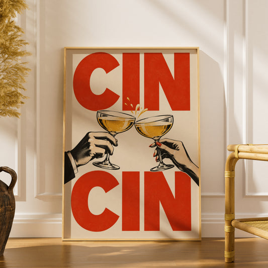 Cin Cin Poster, Retro Cocktail Toast Wall Art, Vintage Style Bar Print, Red Typography Kitchen Decor — styling mockup 1