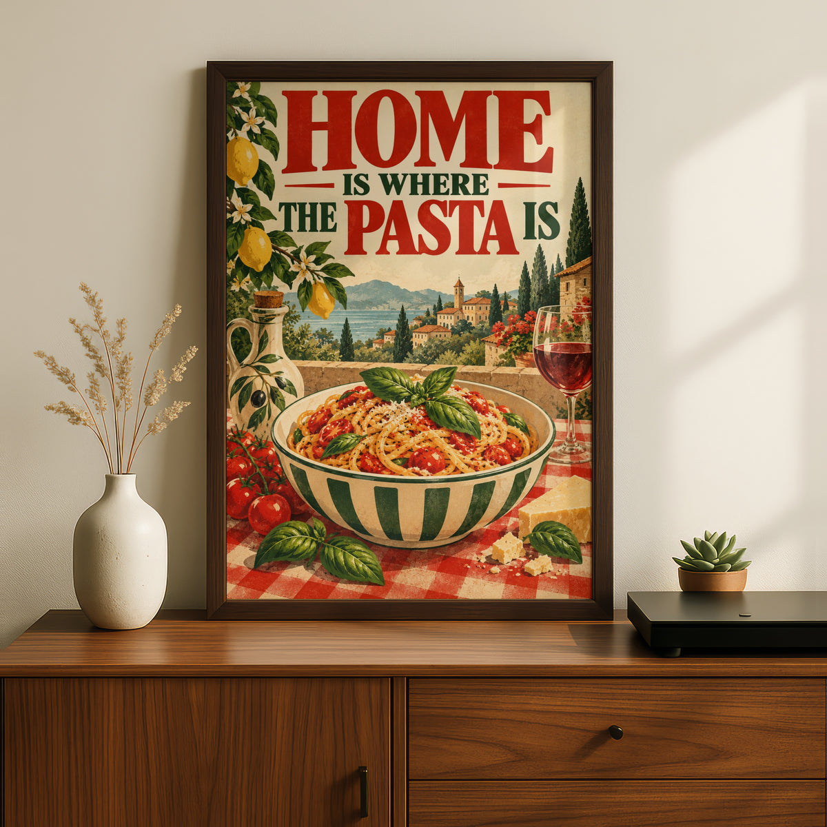 Home Is Where The Pasta Is Poster, Italian Kitchen Wall Art, Vintage Tuscan Food Art Print — styling mockup 2