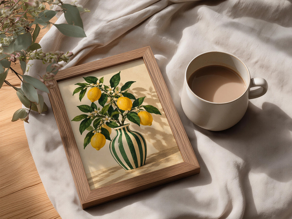 Lemon Branch in Striped Vase Poster, Botanical Wall Art, Vintage Kitchen Print, Citrus Art Print — styling mockup 3