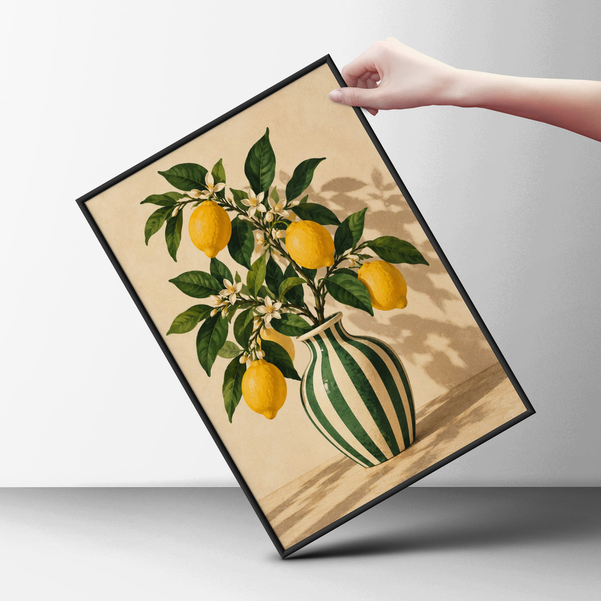 Lemon Branch in Striped Vase Poster, Botanical Wall Art, Vintage Kitchen Print, Citrus Art Print — styling mockup 6
