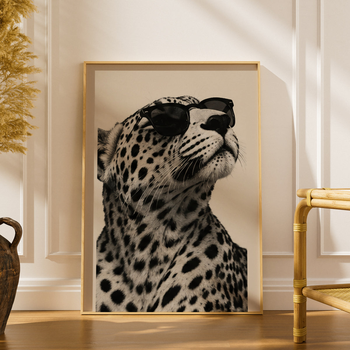Leopard in Sunglasses Poster, Black and White Animal Wall Art, Sepia Cream Safari Print for Living — styling mockup 1