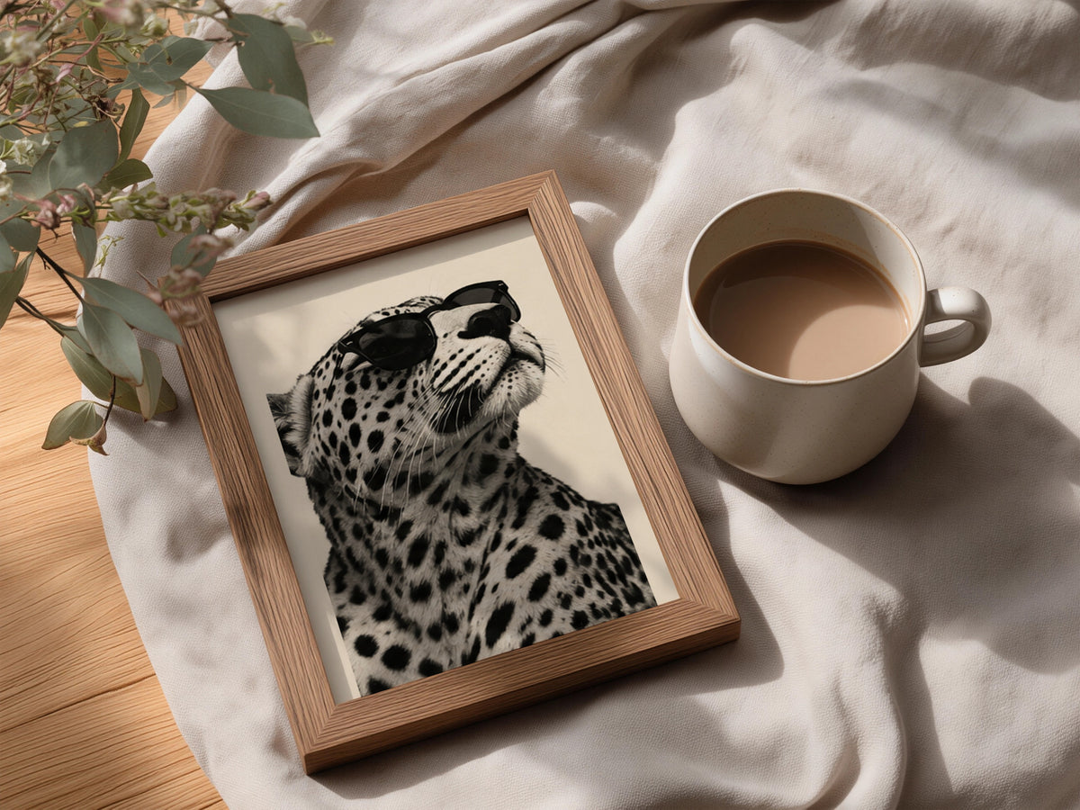Leopard in Sunglasses Poster, Black and White Animal Wall Art, Sepia Cream Safari Print for Living — styling mockup 3