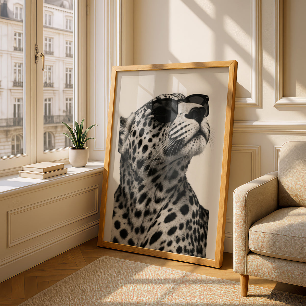 Leopard in Sunglasses Poster, Black and White Animal Wall Art, Sepia Cream Safari Print for Living — styling mockup 4