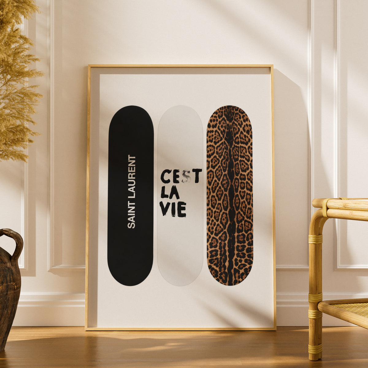 Skateboard Trio Wall Art, Leopard Print Poster, Black and White Fashion Art, Bedroom Decor — styling mockup 1