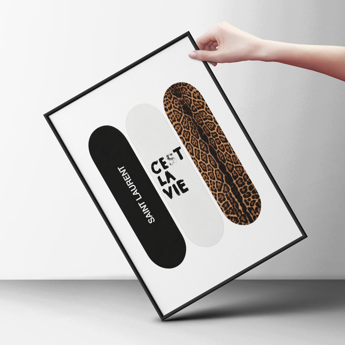 Skateboard Trio Wall Art, Leopard Print Poster, Black and White Fashion Art, Bedroom Decor — styling mockup 6