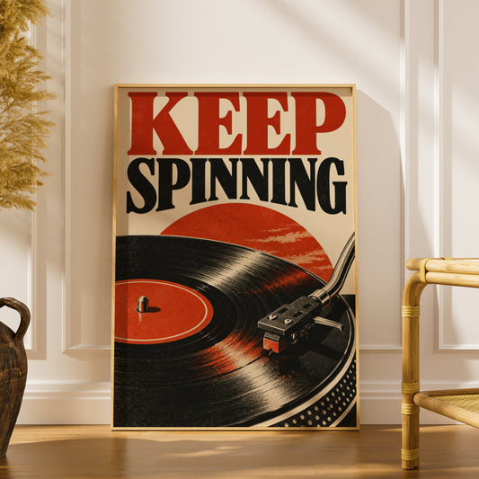 Keep Spinning Vinyl Record Poster, Retro Turntable Wall Art, Red Black Music Print — styling mockup 1