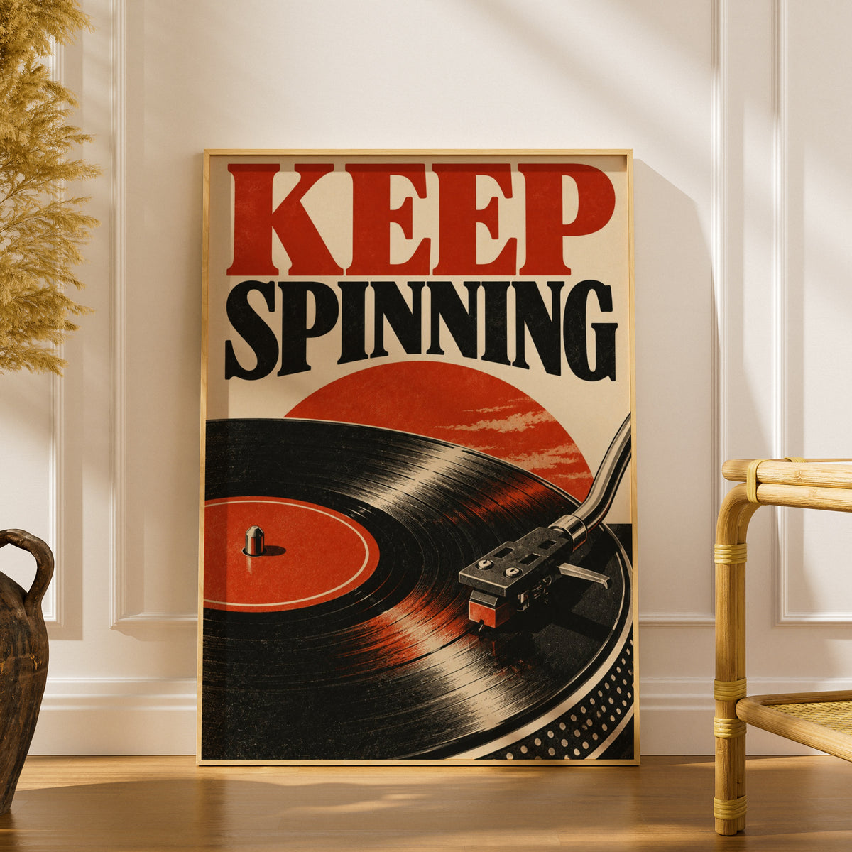 Keep Spinning Vinyl Record Poster, Retro Turntable Wall Art, Red Black Music Print — styling mockup 1