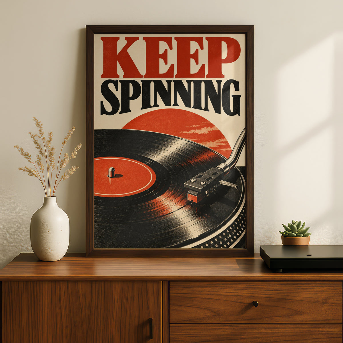 Keep Spinning Vinyl Record Poster, Retro Turntable Wall Art, Red Black Music Print — styling mockup 2