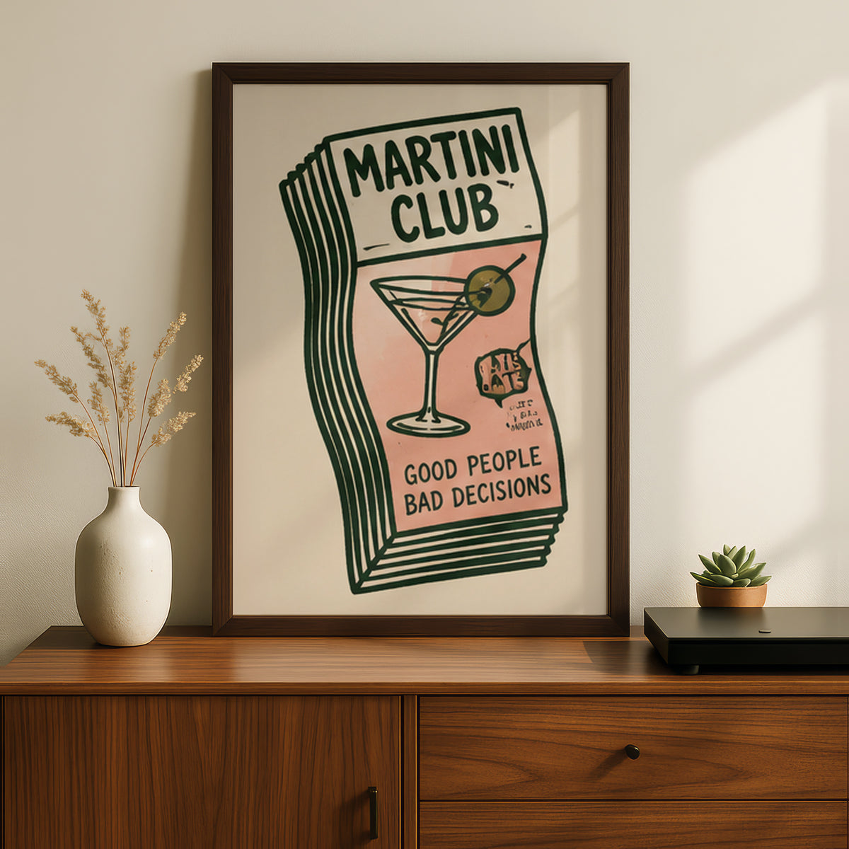 Martini Club Poster, Retro Cocktail Wall Art, Pink and Green Bar Cart Print, Kitchen Decor — styling mockup 2