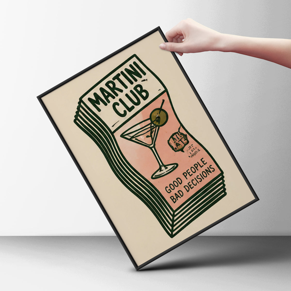 Martini Club Poster, Retro Cocktail Wall Art, Pink and Green Bar Cart Print, Kitchen Decor — styling mockup 6