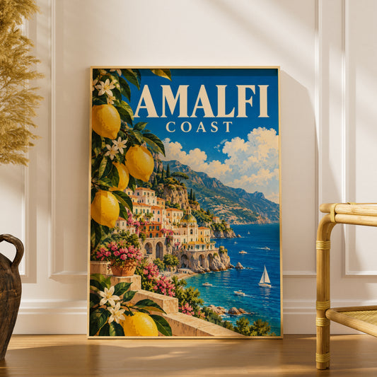 Amalfi Coast Poster, Italian Travel Wall Art, Vintage Lemon Print, Mediterranean Seaside Decor — styling mockup 1