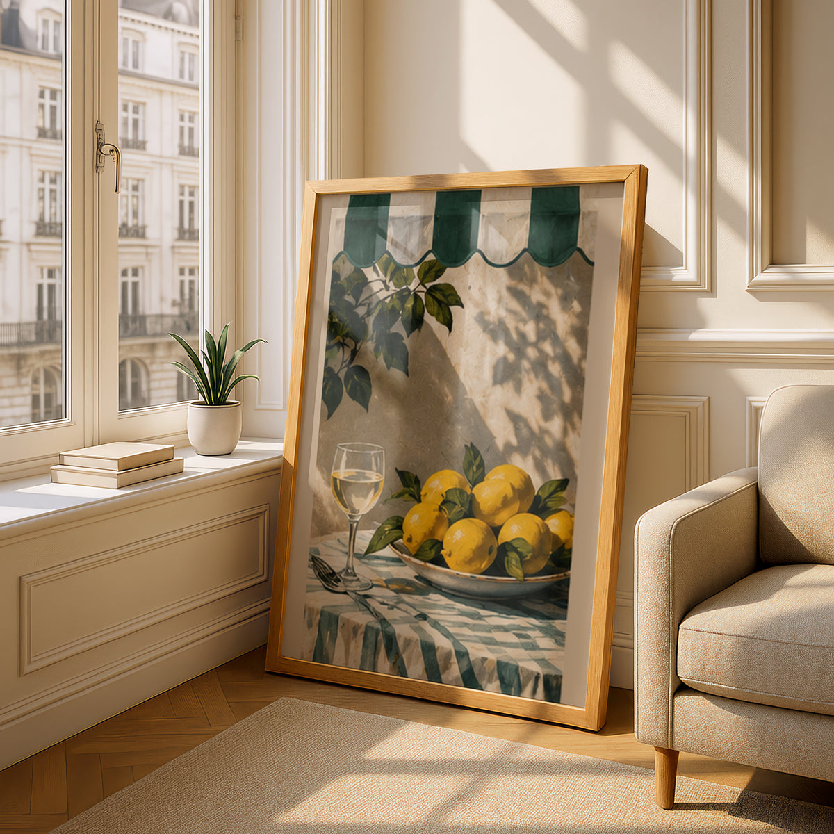 Lemons and Wine Poster, Mediterranean Kitchen Wall Art, Green Awning Still Life Art Print — styling mockup 4