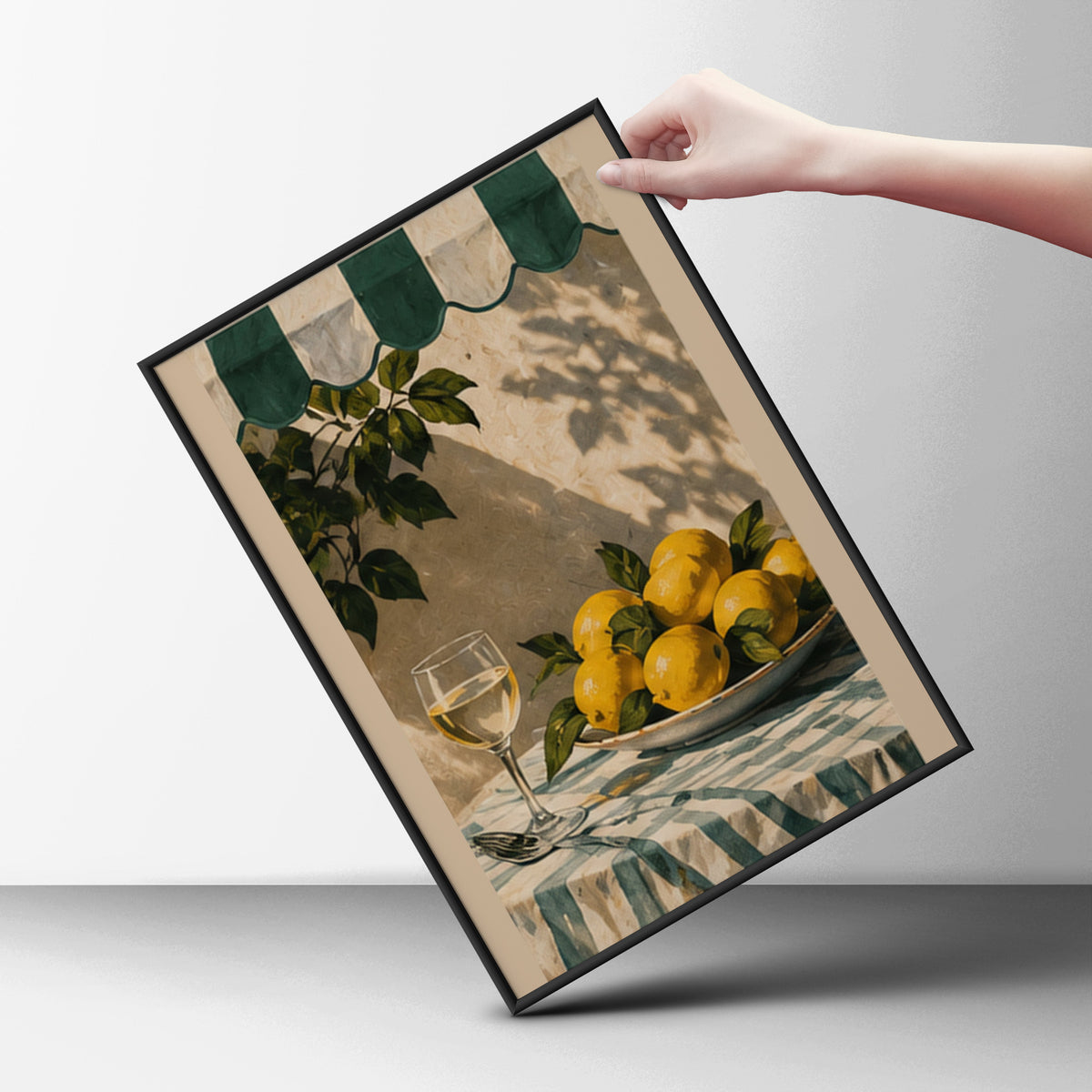 Lemons and Wine Poster, Mediterranean Kitchen Wall Art, Green Awning Still Life Art Print — styling mockup 6