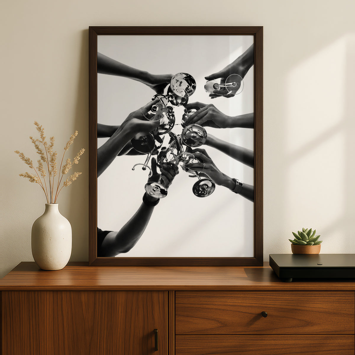 Black and White Cheers Poster, Champagne Toast Wall Art, Hands Raising Glasses — styling mockup 2