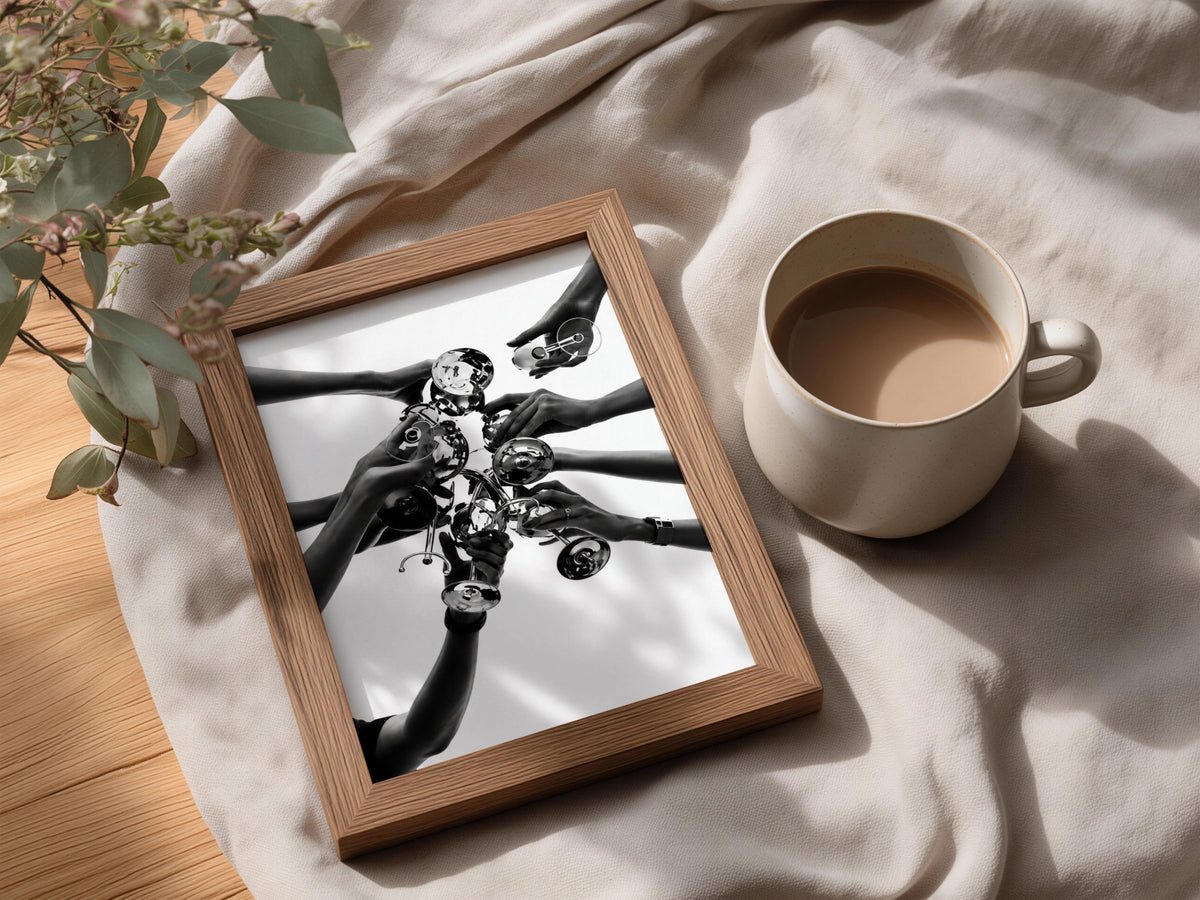 Black and White Cheers Poster, Champagne Toast Wall Art, Hands Raising Glasses — styling mockup 3