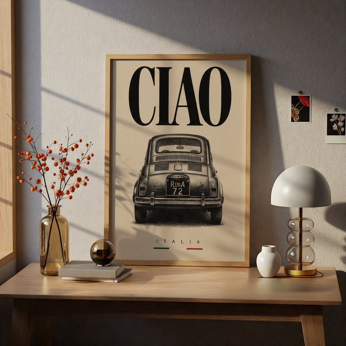 Ciao Italia Classic Car Poster, Vintage Italian Wall Art, Retro Black and Cream Typography Print — styling mockup 5