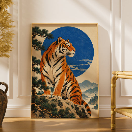 Tiger Poster, Japanese Woodblock Style Wall Art, Blue Moon Art Print, Pine Tree Mountain Landscape — styling mockup 1
