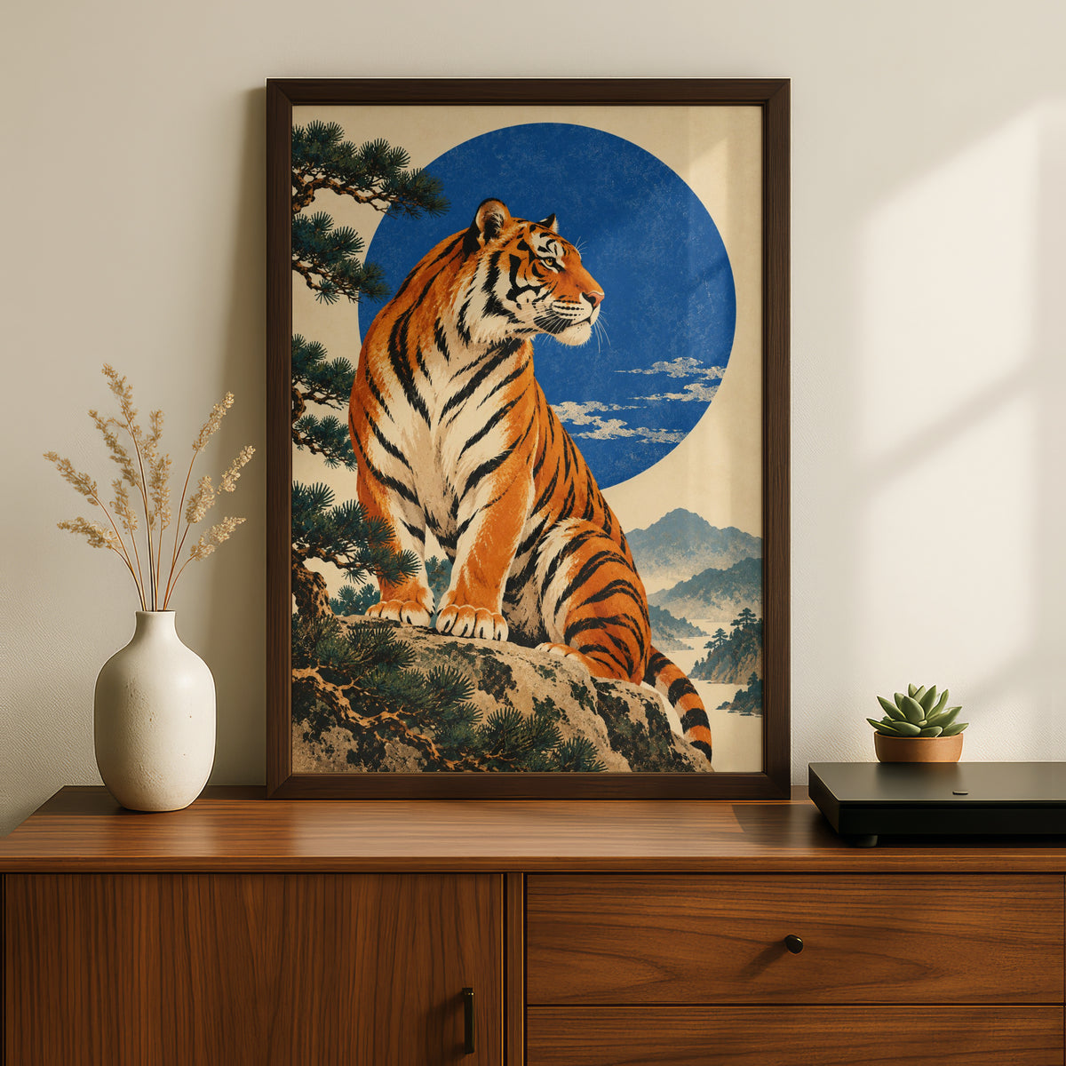 Tiger Poster, Japanese Woodblock Style Wall Art, Blue Moon Art Print, Pine Tree Mountain Landscape — styling mockup 2