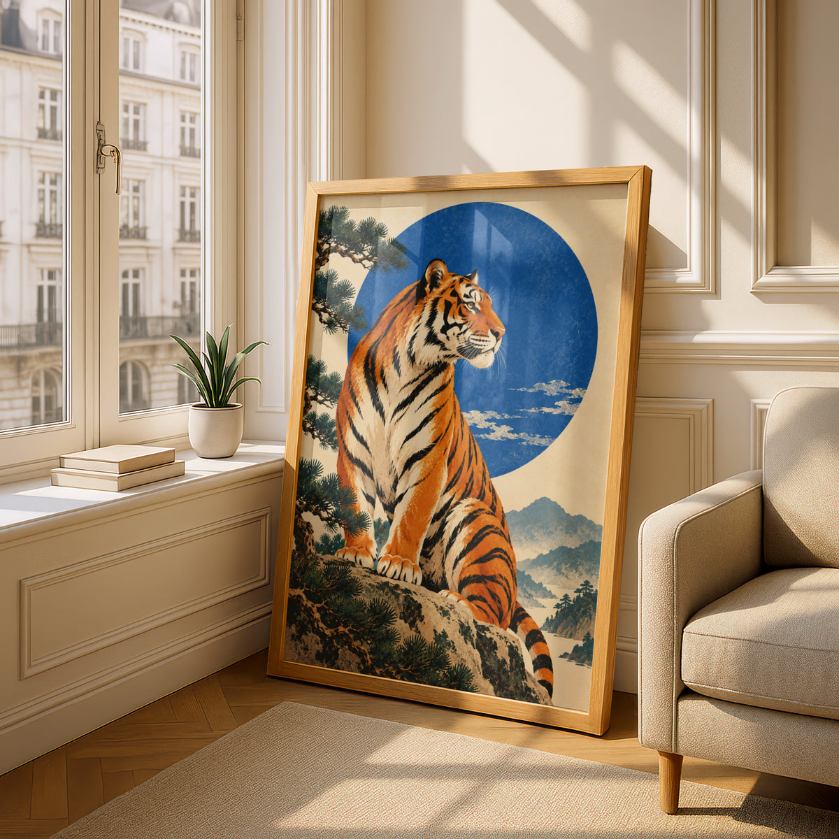 Tiger Poster, Japanese Woodblock Style Wall Art, Blue Moon Art Print, Pine Tree Mountain Landscape — styling mockup 4