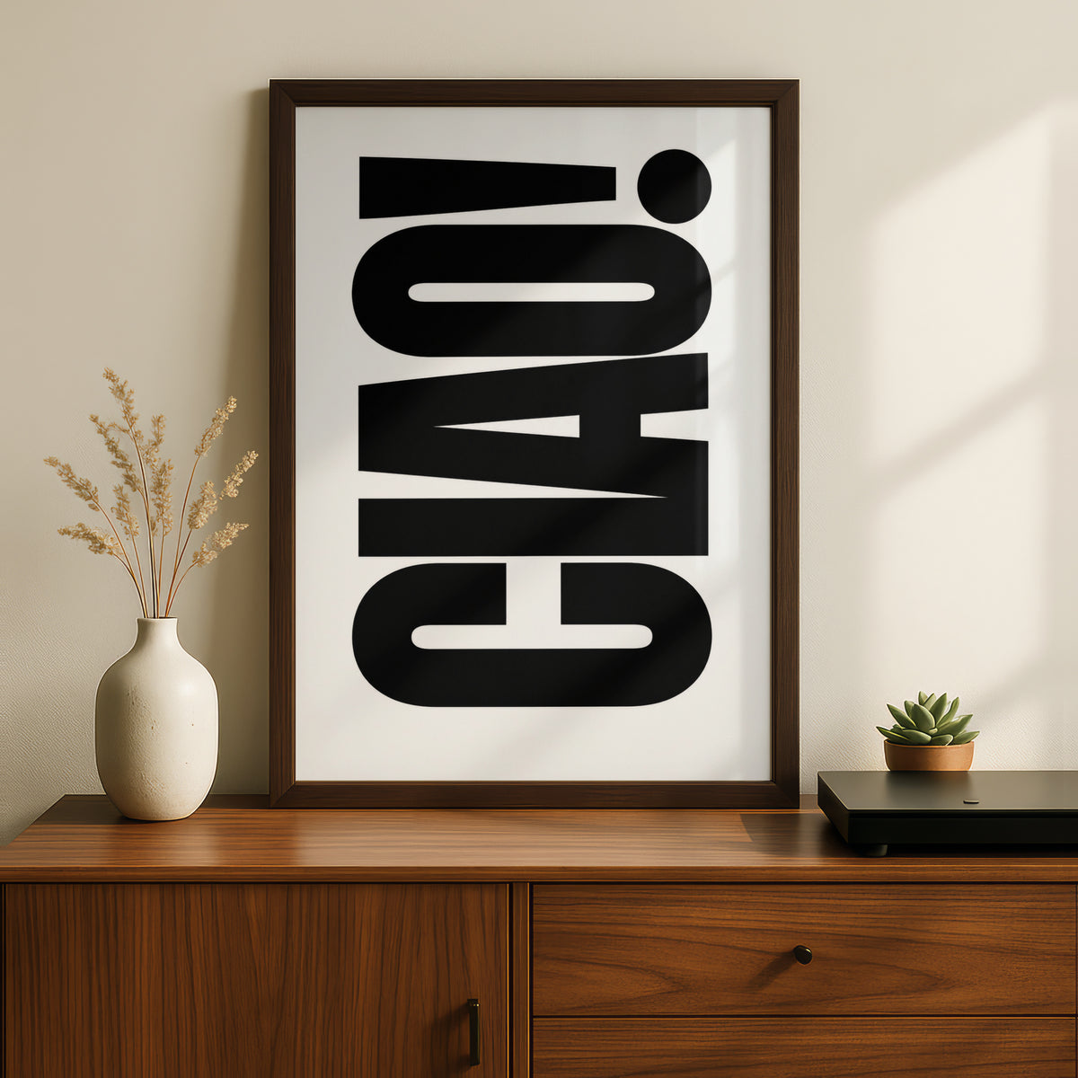 Ciao Typography Poster, Black and White Wall Art, Bold Italian Word Art Print — styling mockup 2