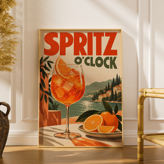 Spritz O'Clock Retro Cocktail Poster, Vintage Italian Lakeside Wall Art Print — styling mockup 1