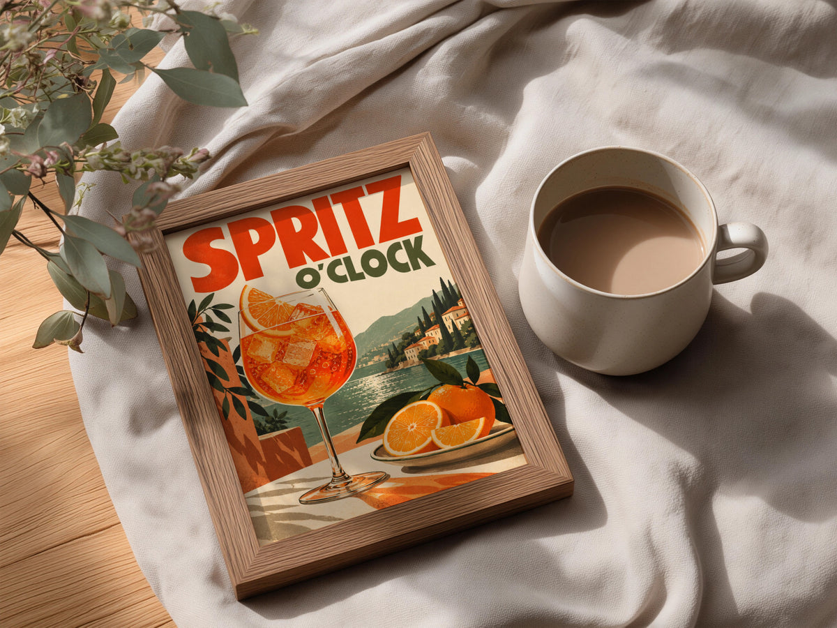 Spritz O'Clock Retro Cocktail Poster, Vintage Italian Lakeside Wall Art Print — styling mockup 3