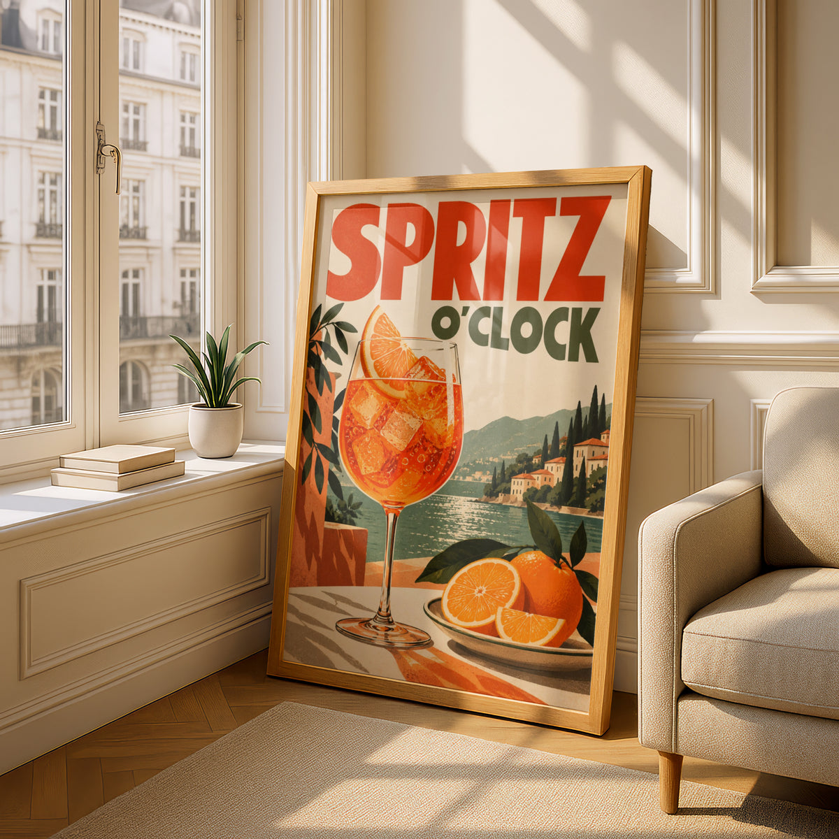 Spritz O'Clock Retro Cocktail Poster, Vintage Italian Lakeside Wall Art Print — styling mockup 4