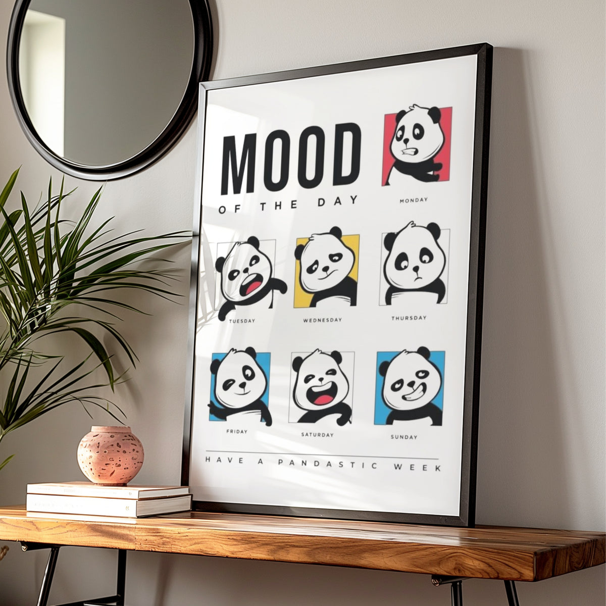 Panda Cartoon Poster, Mood of the Day Funny Wall Art, Days of the Week Print, Quirky Bedroom Decor — styled room mockup 1