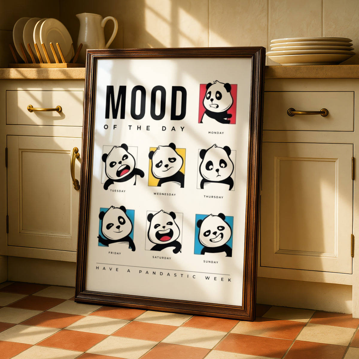 Panda Cartoon Poster, Mood of the Day Funny Wall Art, Days of the Week Print, Quirky Bedroom Decor — styled room mockup 2