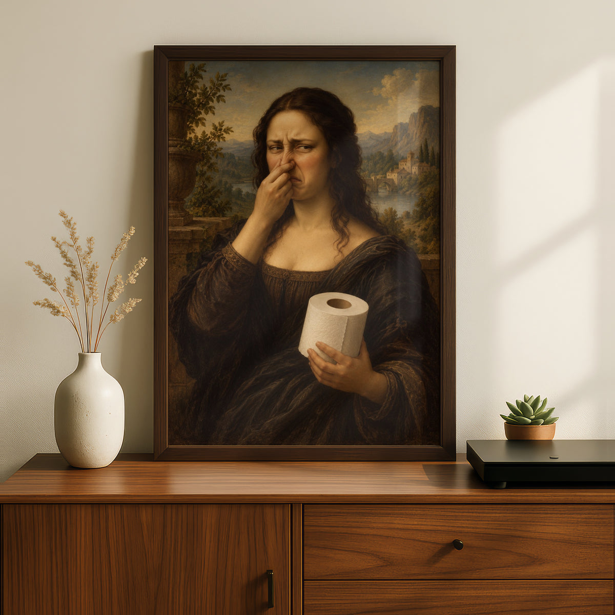 Funny Classical Portrait Print, Woman Holding Toilet Roll, Humorous Bathroom Wall Art Poster