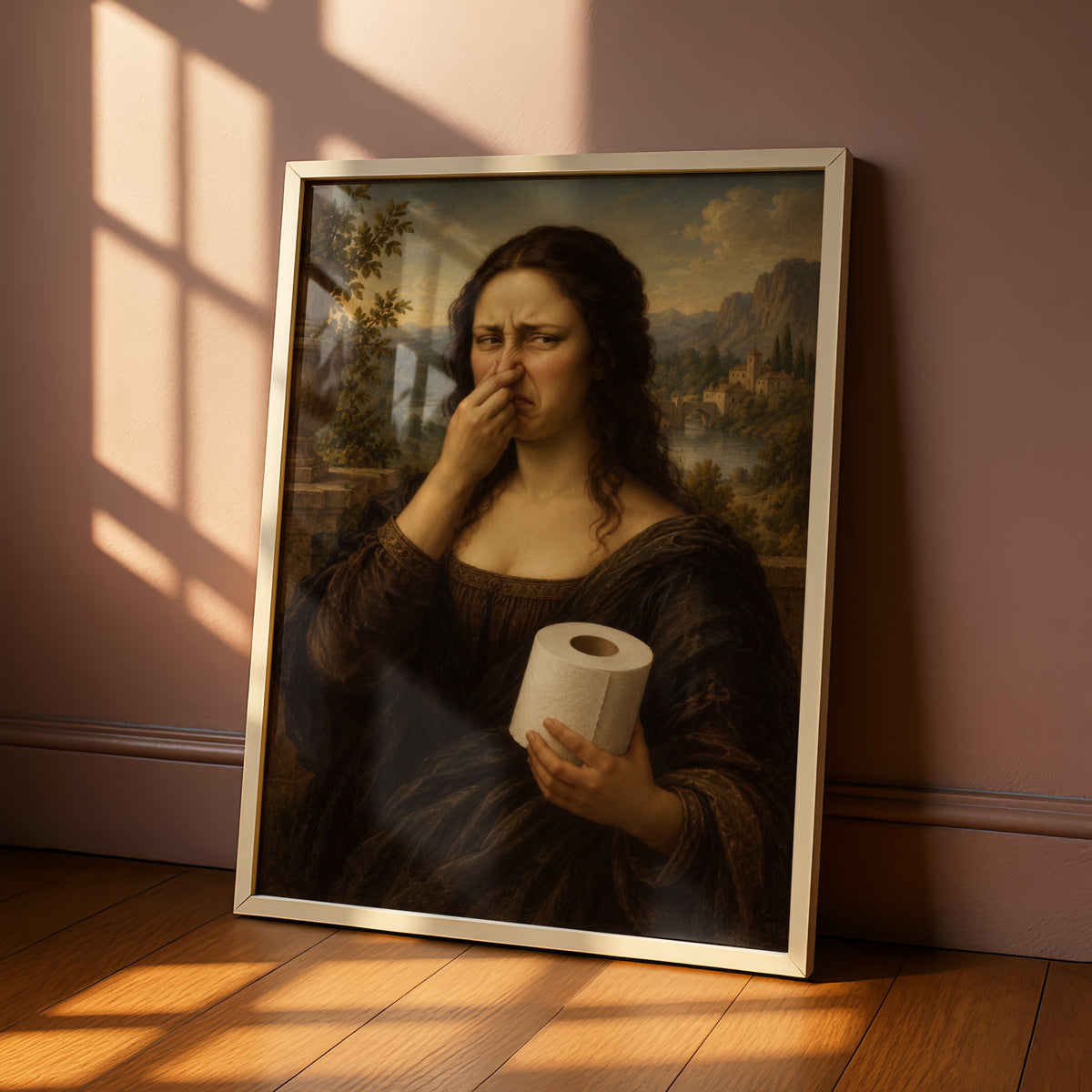 Funny Classical Portrait Print, Woman Holding Toilet Roll, Humorous Bathroom Wall Art Poster