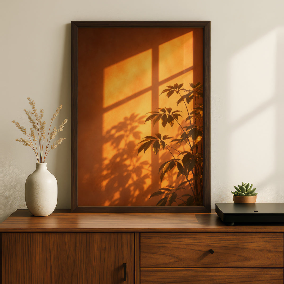 Golden Sunlight Plant Shadow Wall Art, Warm Orange Botanical Print, Modern Living Room Poster
