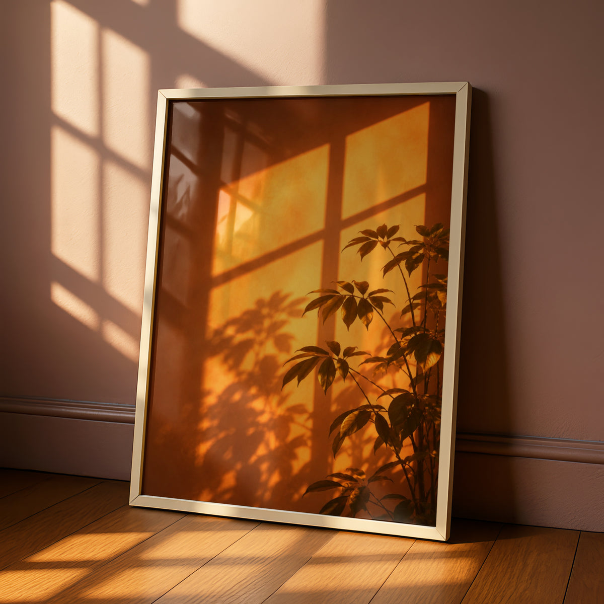 Golden Sunlight Plant Shadow Wall Art, Warm Orange Botanical Print, Modern Living Room Poster