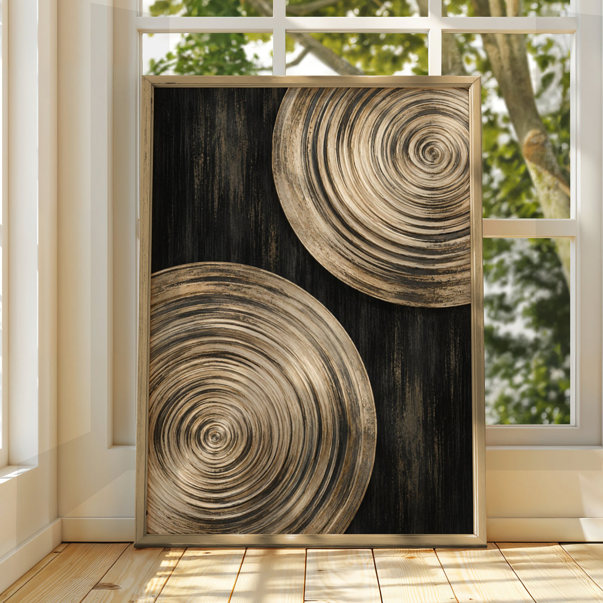 Gold Black Spiral Circle Abstract Wall Art, Bold Geometric Modern Art Print, Living Room Statement