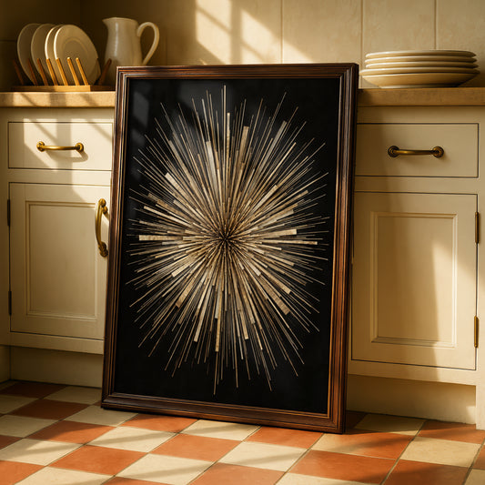 Gold Starburst Abstract Art Print, Bold Geometric Sunburst Poster, Black Gold Wall Art