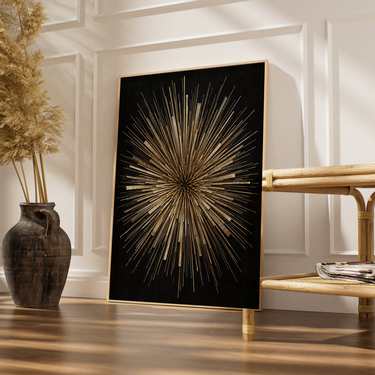Gold Starburst Abstract Art Print, Bold Geometric Sunburst Poster, Black Gold Wall Art