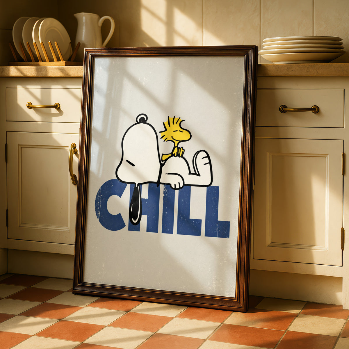 Sleepy Dog and Yellow Bird Chill Poster, Retro Cartoon Wall Art, Funny Quirky Bedroom Decor — styled room mockup 2